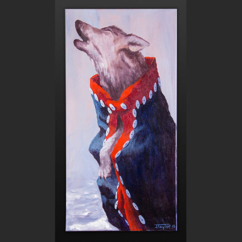 Calling for a Crow Jean Taylor Tlingit Acrylic on canvas 12 x 24 800 northwest coast wolf button blanket