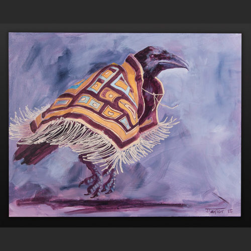 Kicking Up A Storm Jean Taylor Tlingit Acrylic on canvas 16 x 20 800 northwest coast crow chilkat