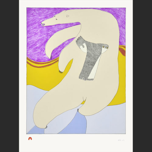 Title: Bear & Owl Artist: Ningeokuluk Teevee Medium: Lithograph Paper: BFK Rives White Printer: Niveaksie Quvianaqtuliaq Cape Dorset Print Collection 2015 Size: 24 3/4 x 23 1/2 inches (51 x 38.3 cm) Price: $600
