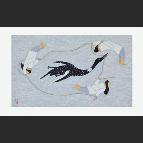 CHASING THE LOON Cape Dorset Print Collection 2015 QAVAVAU MANUMIE Medium: Stonecut & Stencil Paper: Handmade Washi Kizuki Kozo White Printer: Qavavau Manumie Size: 15 ¼ x 24 inches (38.5 x 60.8 cm) Price $700