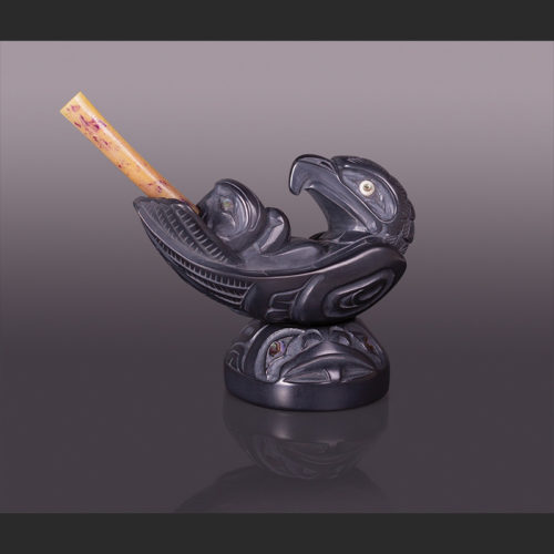 eagle chiefs Sacred Pipe 3 ¼” x 5” x 2 ½” with abalone, bone haida eagle pipe lionel lionel samuels samuels argillite scared