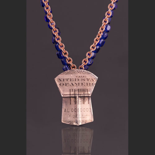 Fifty Copper Pendant Alison Bremner Tlingit Copper Pendant with cobalt blue glass beads, blue seed beads, copper chain 2 ¾”L X 1 ¾”W pendant, with chain 24”