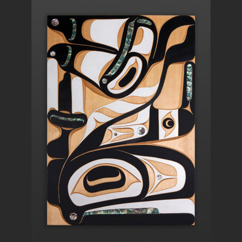 orca panel Moy Sutherland Nuu-Chah-Nulth orca Yellow cedar abalone paint 28 x 42 9500
