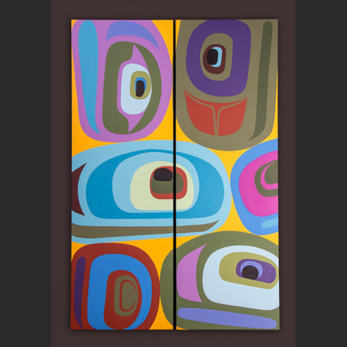 Rainbow Trout Steve Smith - Dla'kwagila Oweekeno rainbow trout Diptych $2800 Acrylic on birch panel 36" x 24"