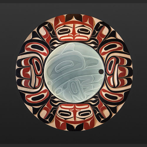 Moy Sutherland Nuu-Chah-Nulth raven steal light Yellow cedar, glass, paint, LED 42" dia. $10500