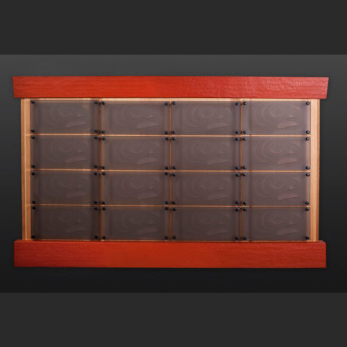 salmon box panel John Goodwin - Nytom Makah cedar salmon box Red cedar, glass, paint 55" x 34" $3000