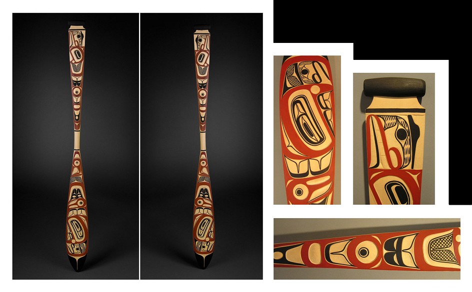 Tsimshian elements paddle David Boxley Tsimshian Yellow Cedar, Acrylic Paint 61-1/2 x 5-3/4" We are, and have always been, a sea going people. The relationship the ancient people had with the ocean was essential to not only trade and survival, but was one more connection to cultural traditions, oral narratives and life passages.