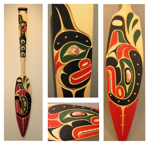 Orca Paddle Junior Henderson Kwakwaka'wakw Yellow Cedar, Copper, Brass, Acrylic Paint 61 x 8"