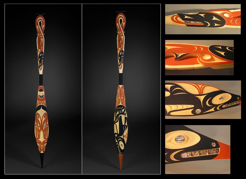 killer whale, thunderbird, and double headed sea serpent paddle Luke Marston Coast Salish Yellow Cedar, Abalone, Acrylic Paint, Twine 64-1/2 x 6-1/4" sold "I am inspired by the legacy of my ancestors. My work is the reflection of the respect I feel for the master carvers of long ago. I believe as an artist, that we have to find a balance between contemporary art, and at the same time evolve and grow as Coast Salish people."