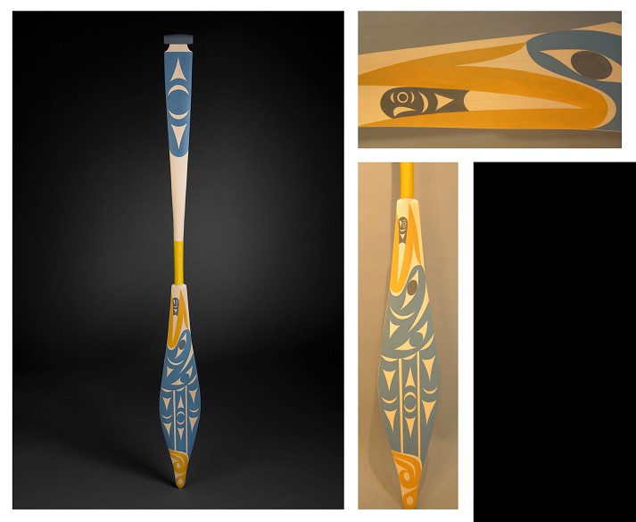 blue heron paddle Maynard Johnny Jr. Coast Salish Yellow Cedar, Acrylic Paint 61-3/4 x 5-3/4"