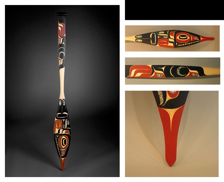 Eagle Paddle Morris (Moy) Sutherland Nuu-chah-nulth Yellow Cedar, Abalone, Acrylic Paint 64 x 7" Moy Sutherland, eagle paddle, Nuu-Chah-Nulth, abalone inlay, hand-cut, yellow cedar, red and black paint, Steinbrueck Native Galerry, native art, canoe journey, Art Thompson, mask, panel, bentwood boxes