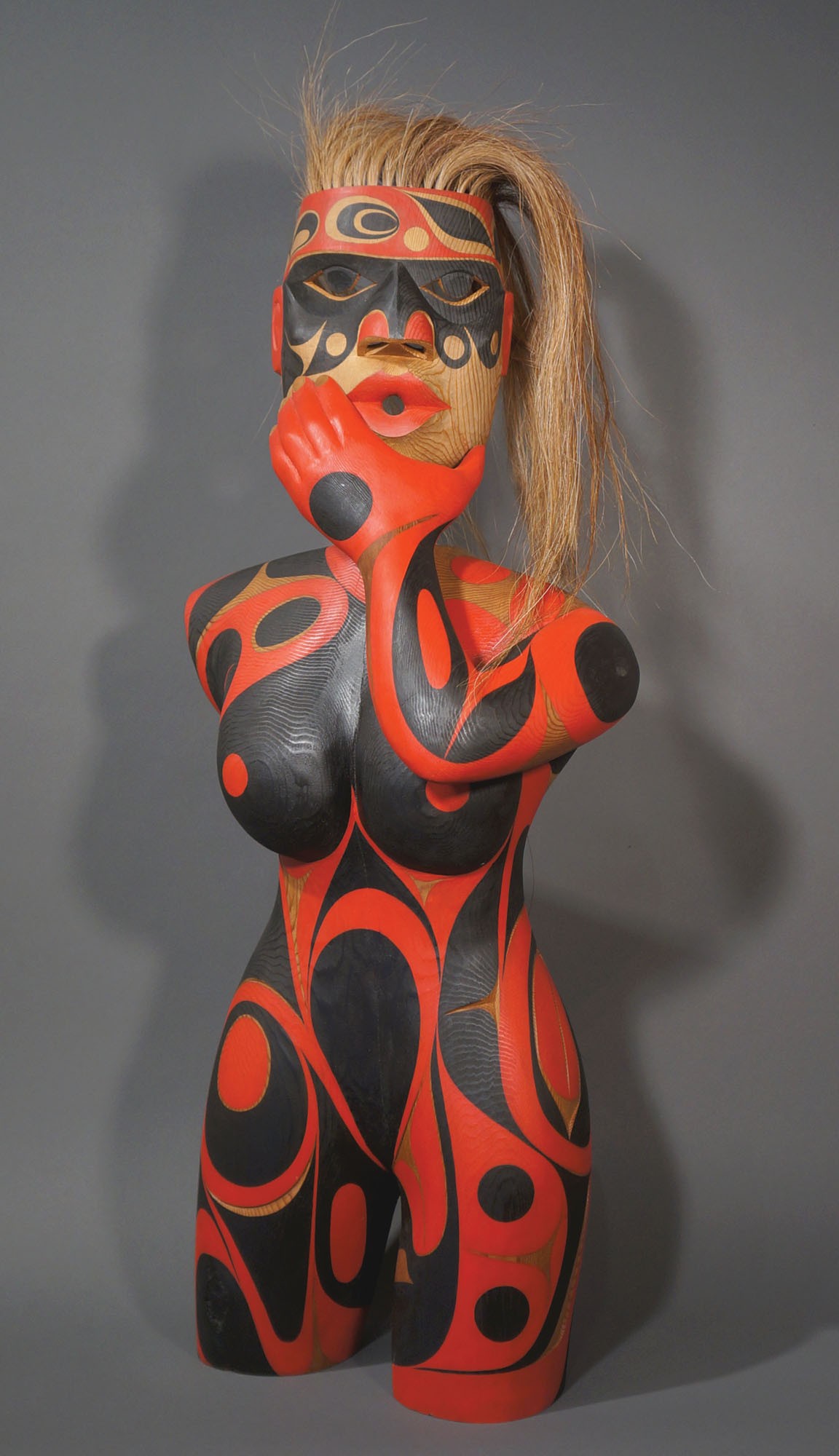 A Spirit Within Sculpture Rande Cook Kwakwaka'wakw cedar, acrylic paint, horse hair 34"H x 14"W x 12"D