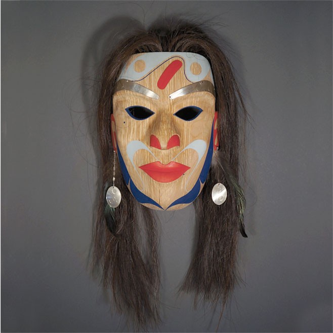 Princess Mask Rande Cook Kwakwaka'wakw alder, acrylic paint, silver, horse hair, feathers 20"H x 10"w x 6"D