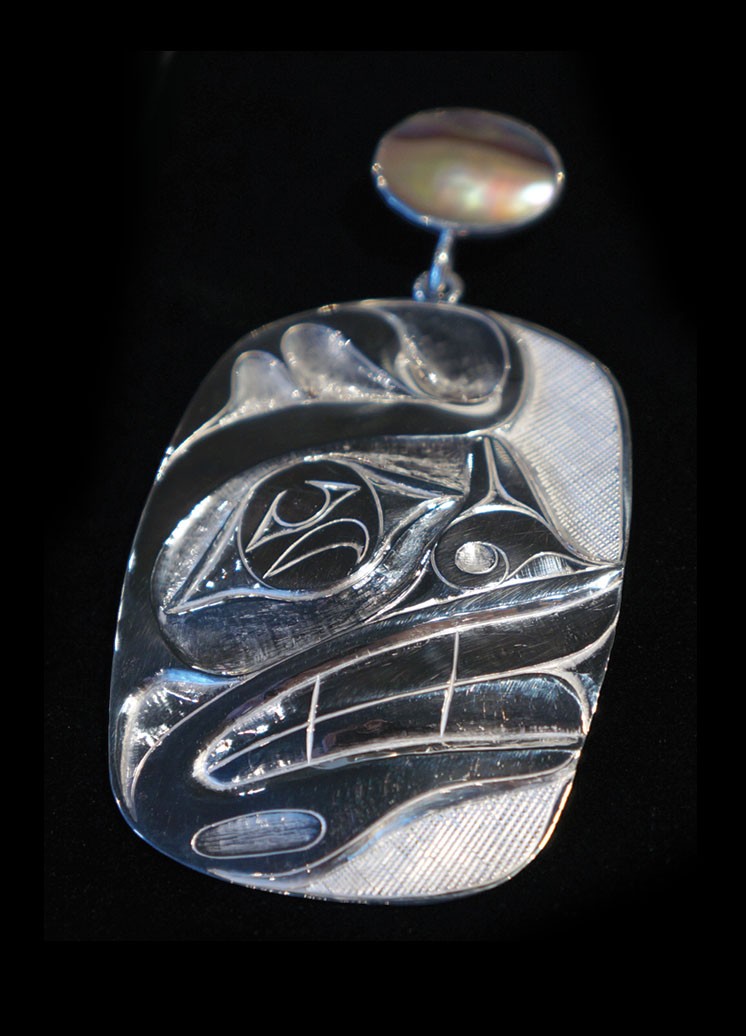 Sea Spirit Silver Pendant Rande Cook Kwakwaka'wakw engraved sterling silver, abalone 3"H x 1.75"W