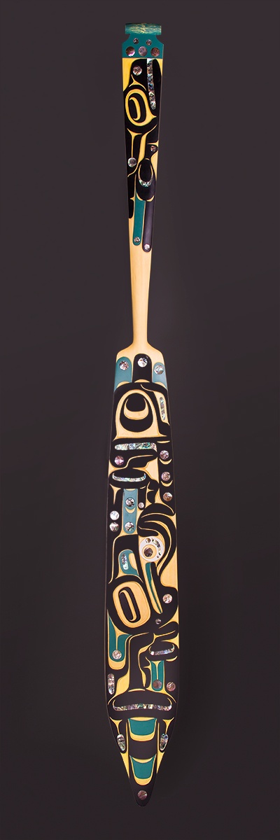Raven Brings the Salmon Paddle Steersman’s paddle Moy Sutherland Nuu Chah Nulth Yellow cedar, paint, abalone 85” x 8” x 1 ½”