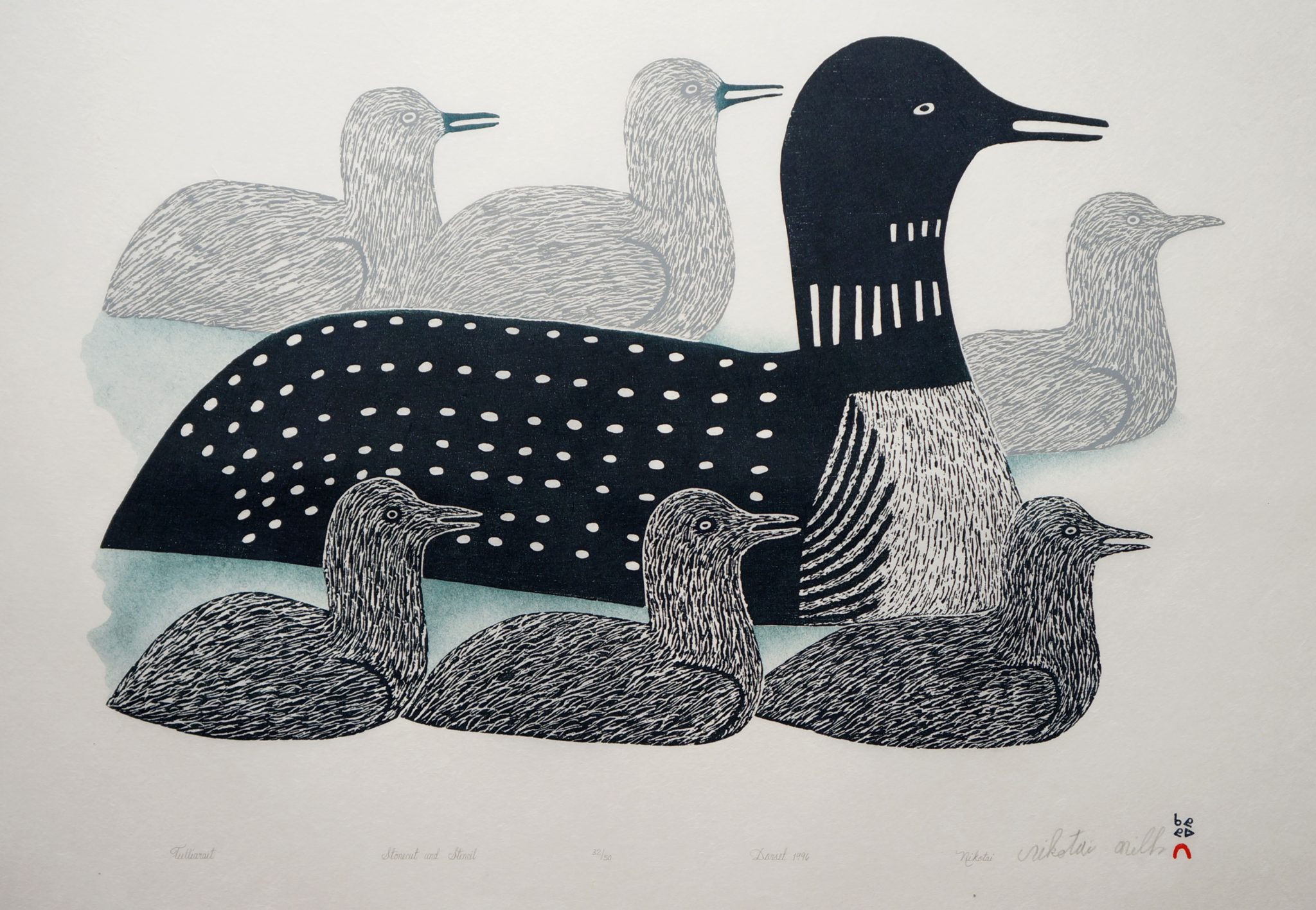 Nikotai Mills Inuit Cape Dorset Stonecut & Stencil c. 1996 #32/50 31"W x 24.5"H nikotai miller inuit cape dorset canada canadian stonecut stencil print nunavut loons baby loons chicks chick loon collection