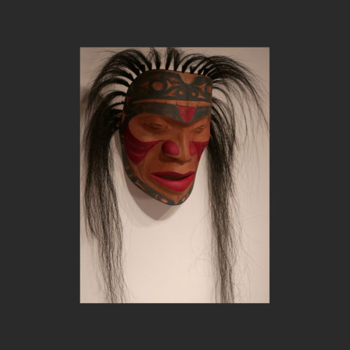 Frog Prince Mask Darren Joseph Coast Salish red cedar, horsehair, acrylic paint 10W x 8D x 34L"