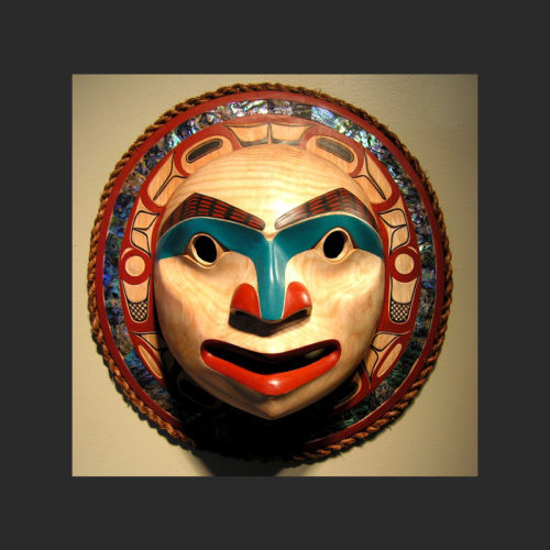 moon mask David Boxley Tsimshian 14.5" diameter x 5" deep Alder & abalone