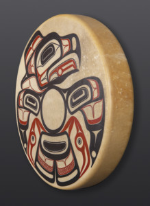Eagle Drum David Boxley Tsimshian Elk-hide, paint, wood 18" dia $1200