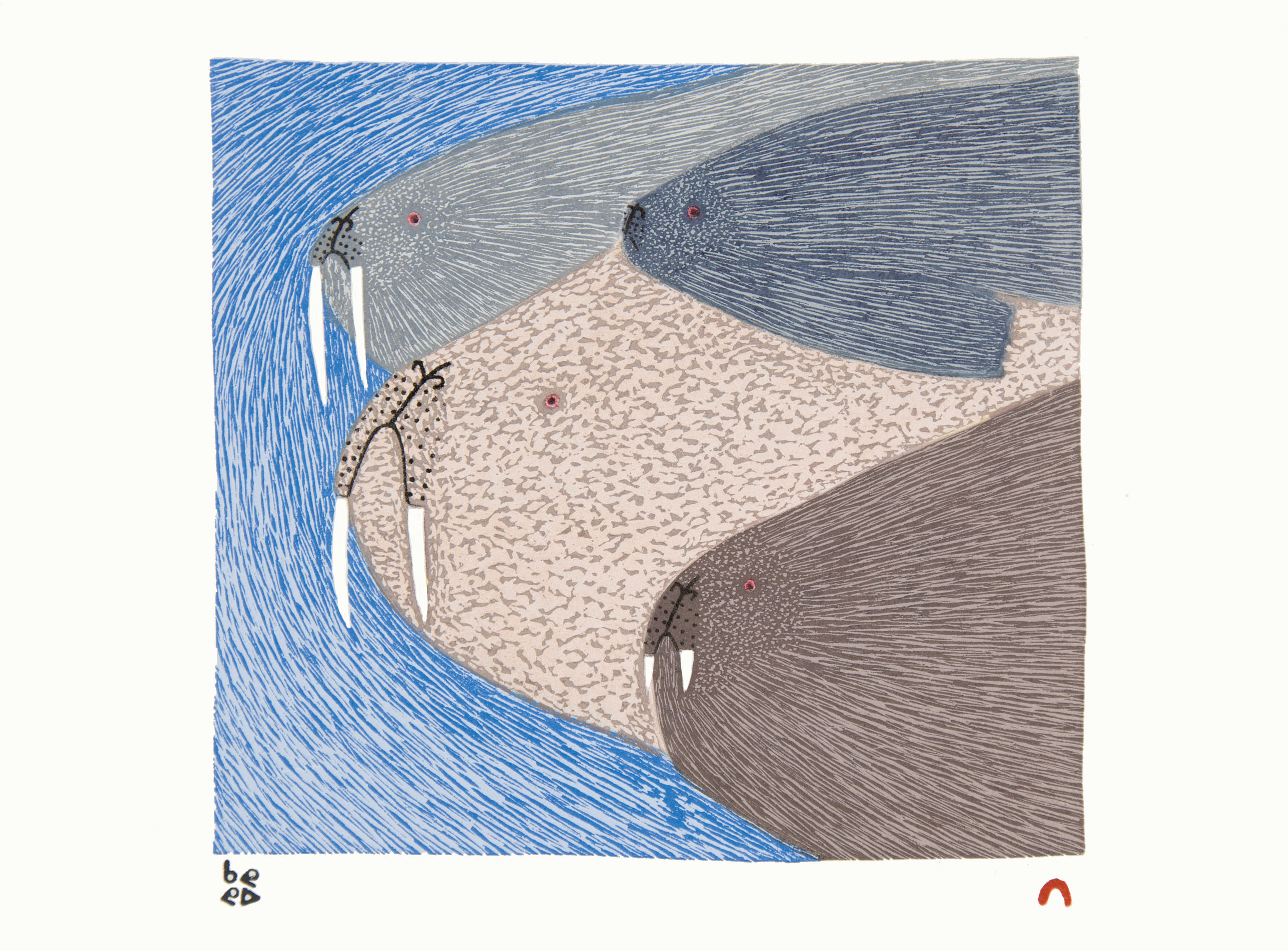 NINGIUKULU TEEVEE Swimming Walrus Stonecut & Stencil Printer: Qavavau Manumie 27.5 x 37.7 cm; 10 3/4 x 14 3/4 in. $400 US