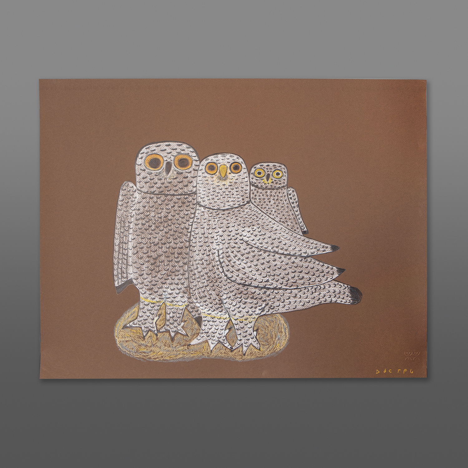 Arctic Owl Family
Ohotaq Mikkigak 
Inuit
Colored pencil on paper
19½” x 25½”
700CAD
