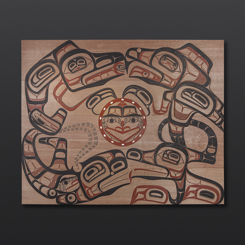 Four Clans Panel David Boxley Tsimshian Red cedar, paint 48" x 60" x 1 1/4" $12000