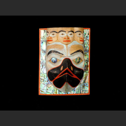 “Amhalaayt” Raven Chief's Frontlet Morgan Green Tsimshian alder, abalone, acrylic paint 7" X 5 ½" X 5" Sold