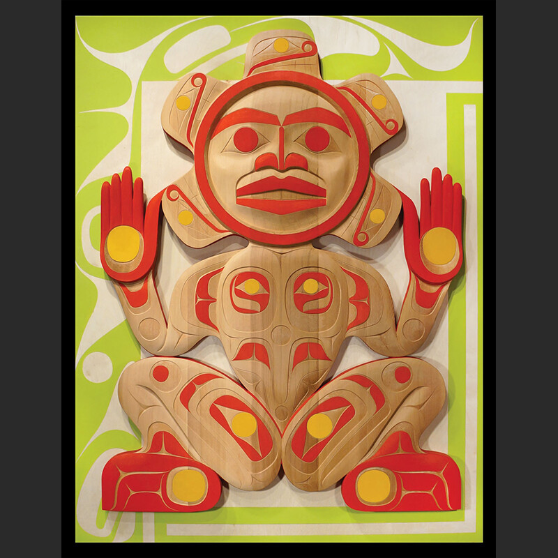 To Transcend : Sun Ancestor Rande Cook Kwakwaka'wakw red cedar, acrylic paint 54"H x 42"W x 2.5"D