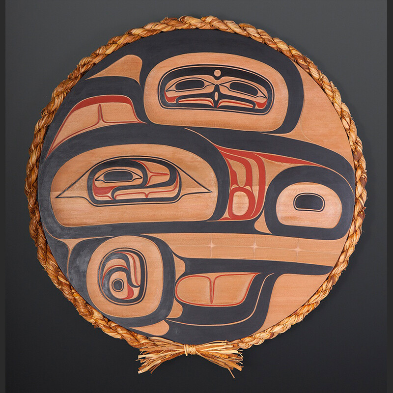 Laxgyibuu (Wolf Crest) Clifton Guthrie Tsimshian wolf clan Red cedar, paint, cedar rope 25" dia. $2800