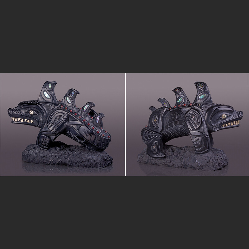 chief of all water from mountains to the oceans Wasgo the Sea Wolf 10” x 13” x 5 ½” with bone, catlinite, abalone, ivory wasgo wasco sea wolf lionel samuels lionel samuels haida argillite