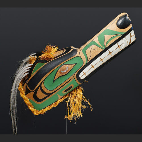 Tom Patterson Nuu-chah-nulth wolf Red cedar, cedar bark, horsehair, copper, abalone, paint 21” x 10” x 8” $5500