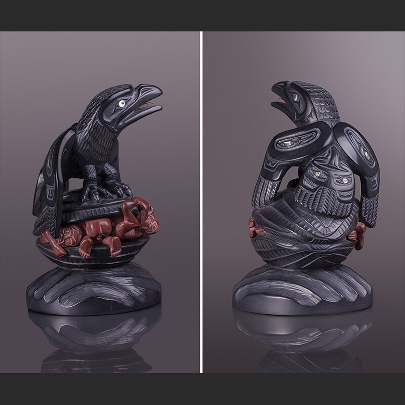 raven and the first men raven first men clam people lionel samuels creation lionel samuels argillite The Story of Creation with catlinite, abalone, ivory 10” x 6” x 5”